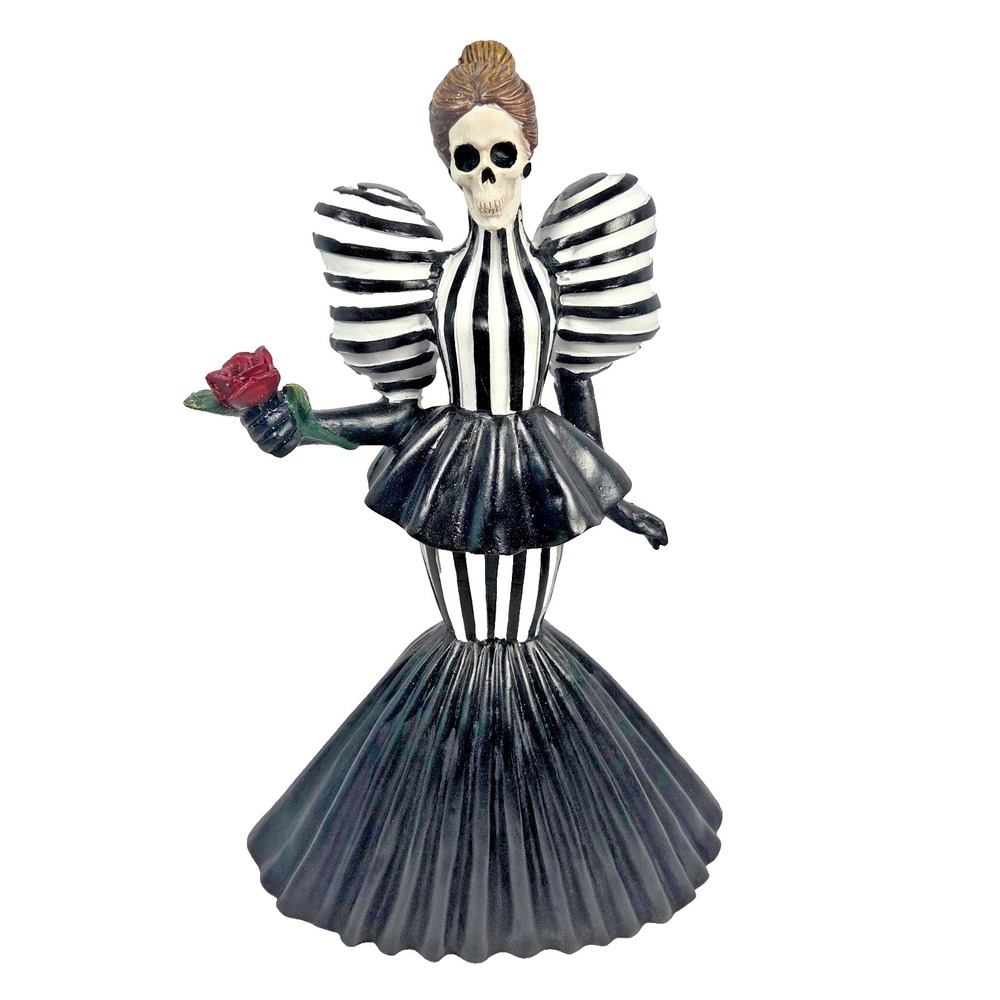 Rachel Zoe Skeleton Lady Figurine Black White Striped Dress Rose Halloween Decor